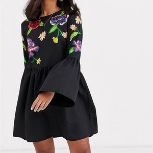 asos | Fluted Sleeve Embroidered Smock Mini Dress